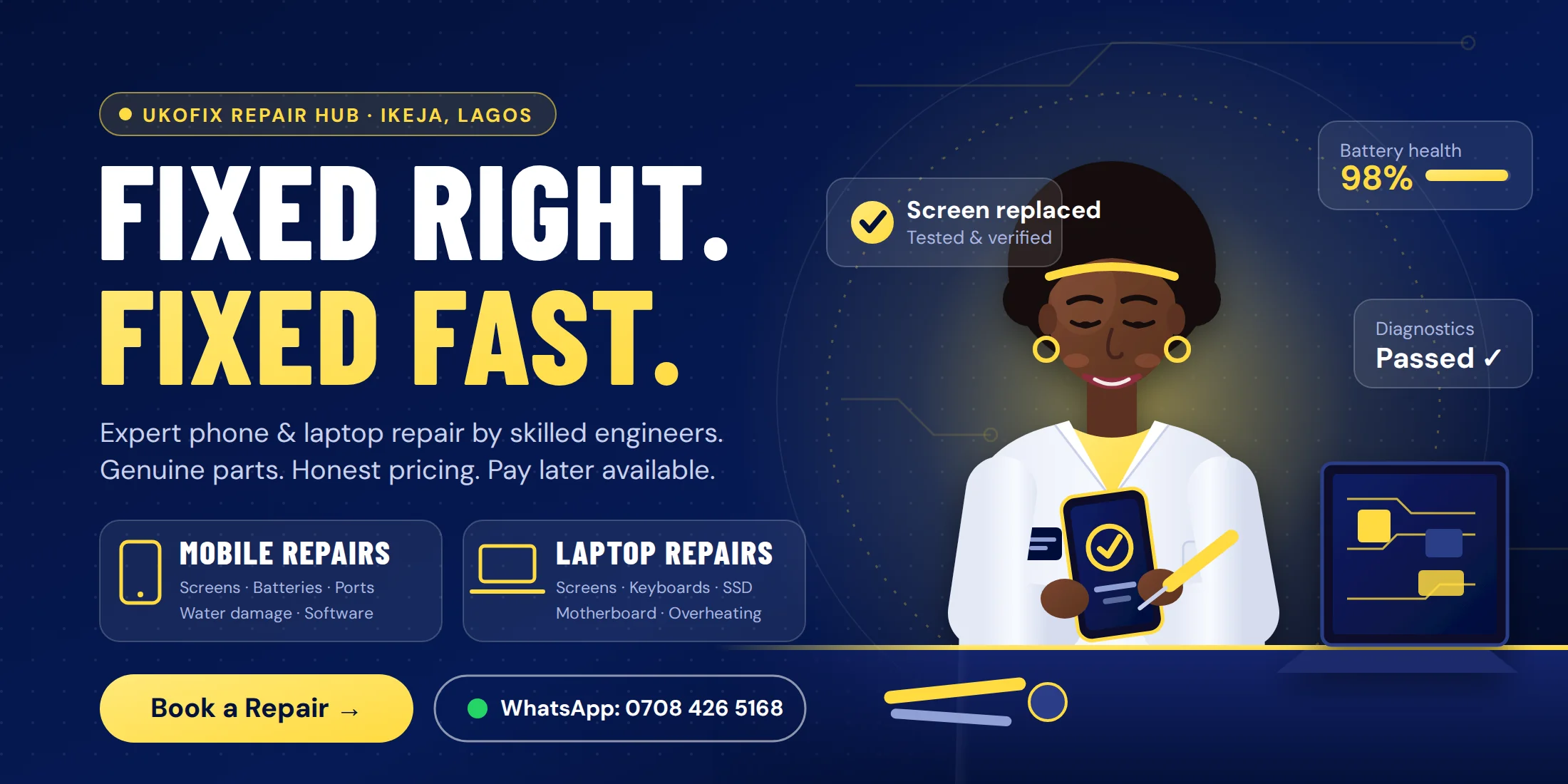 Ukofix Repair Hub in Ikeja, Lagos - expert phone and laptop repair by skilled engineers. Genuine parts, honest pricing, pay later available.