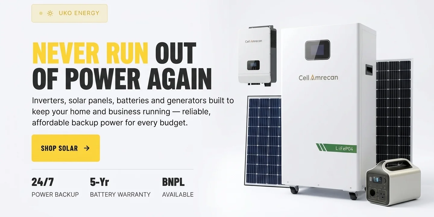 Uko Energy solar solutions in Nigeria - inverters, solar panels, lithium batteries and generators for reliable backup power. Buy now pay later available.
